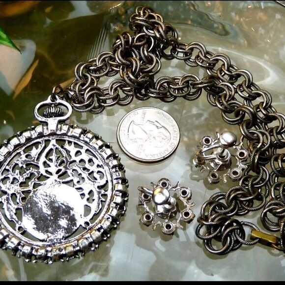 VTG JUDY LEE AB RHINESTONE POCKET WATCH DESIGN PENDANT NECKLACE EARRINGS LOT 20" - Picture 15 of 16